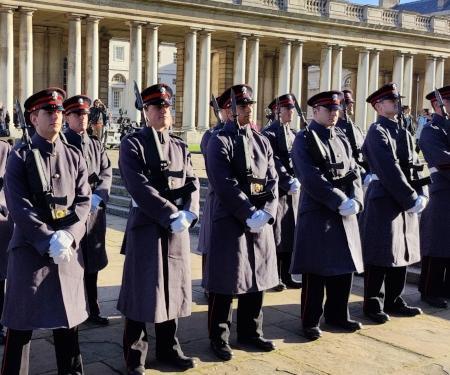 Bare Arms Specialist Performers playing Honourable Artillery Company soldiers (HAC) on parade for The Crown (Netflix)